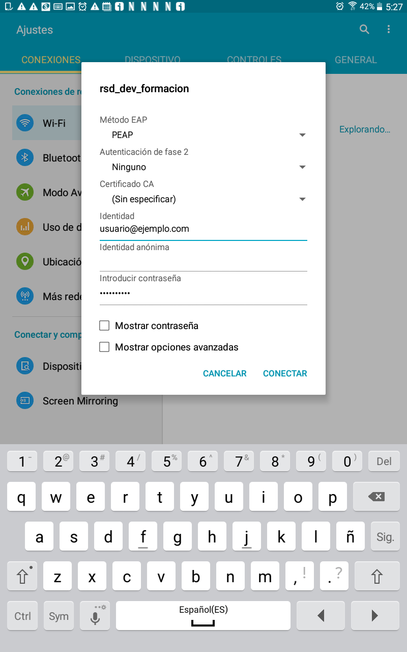 formulario de conexion a wifi de Android